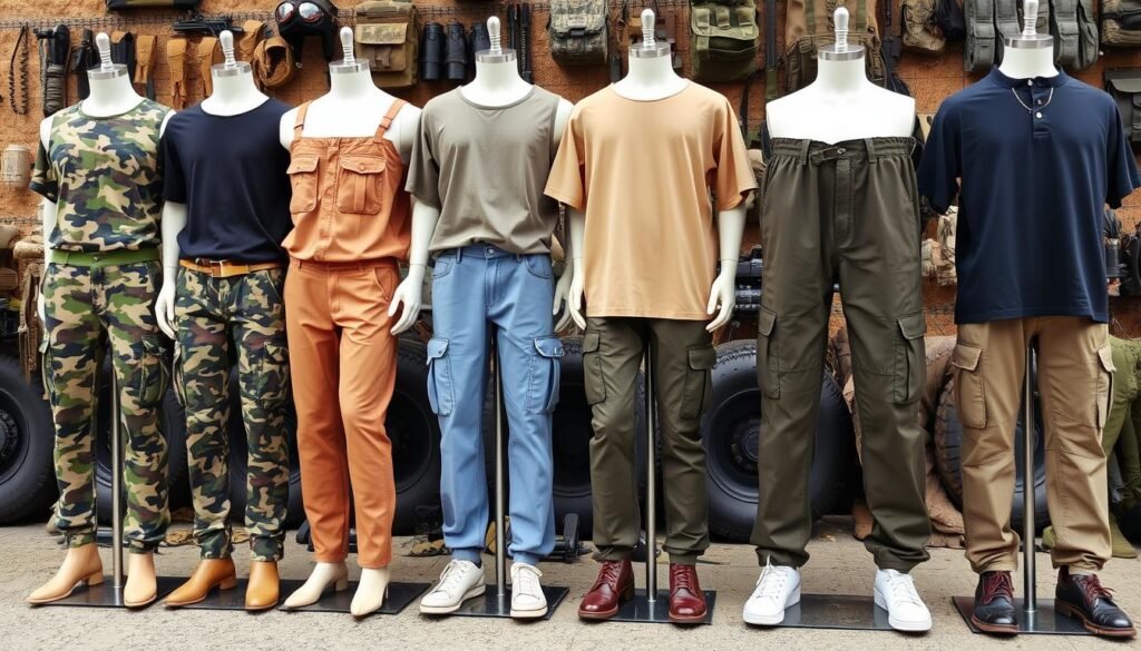 Different styles of military pants